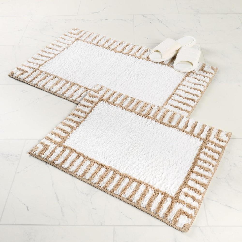imageSuperior Bath Rug Set Small Area Rugs for Bathroom Kitchen Decor Machine Washable NonSlip Bathmat Rugs Fluffy Tufted Shag Striped Accent Rug Inaya Collection Set of 2 Large WhiteGreyWhite  Beige