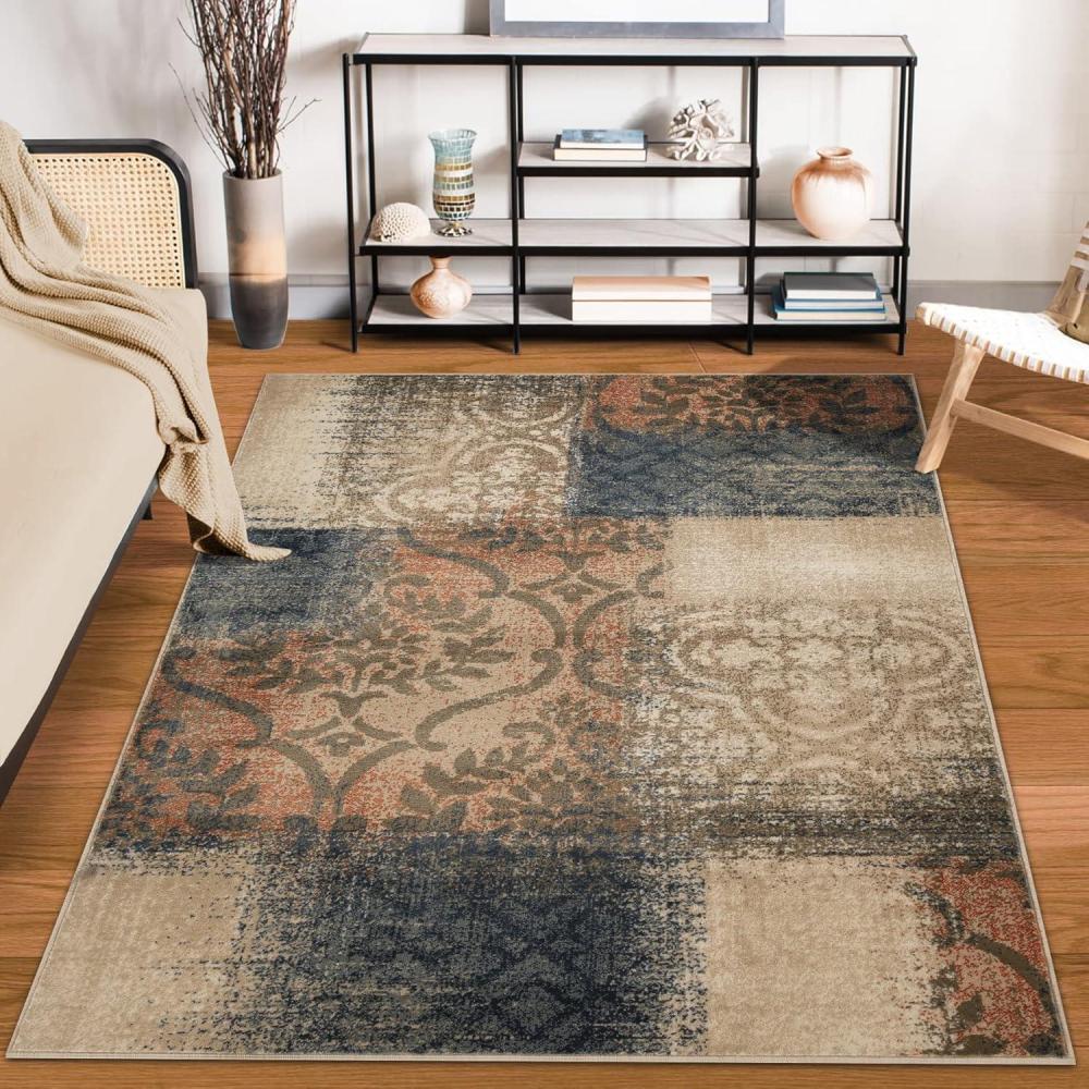 imageSuperior Bristol Collection Area Rug 8mm Pile Height with Jute Backing Chic Geometric Damask Patchwork Design Fashionable and Affordable Woven Rugs  4 x 6 Rug Beige ampamp BrownMidnight Navysalmon