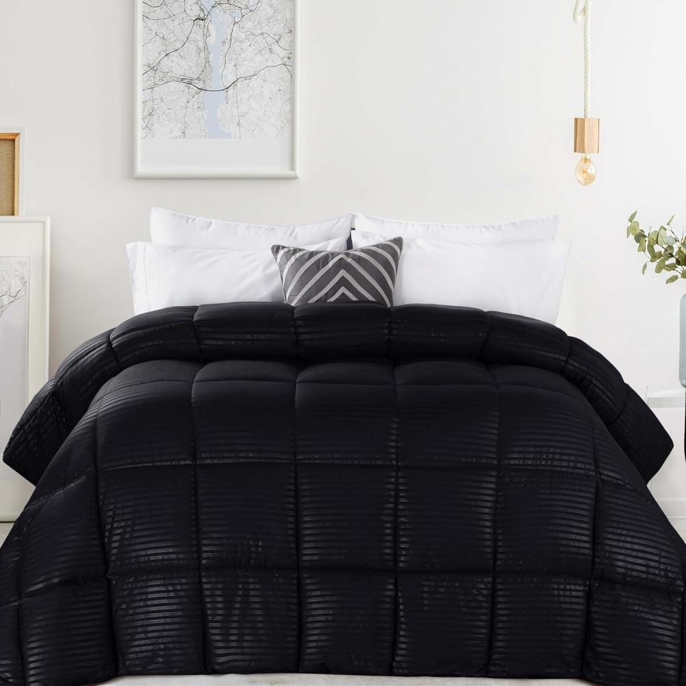imageSuperior Brushed Microfiber 1 cm Striped Comforter Down Alternative Bedding Reversible Medium Weight Fluffy Decorative Plush Duvet Insert Oversized Blanket Box Quilt Design FullQueen BlackBlack