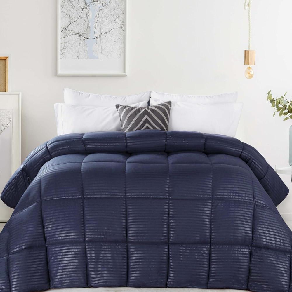 imageSuperior Brushed Microfiber 1 cm Striped Comforter Down Alternative Bedding Reversible Medium Weight Fluffy Decorative Plush Duvet Insert Oversized Blanket Box Quilt Design FullQueen BlackNavy Blue