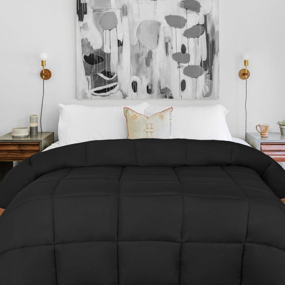 imageSuperior Brushed Microfiber Solid Comforter Down Alternative Bedding Reversible Medium Weight Fluffy Decorative Duvet Insert Oversized Blanket Box Quilt Design King Winter BlueBlack