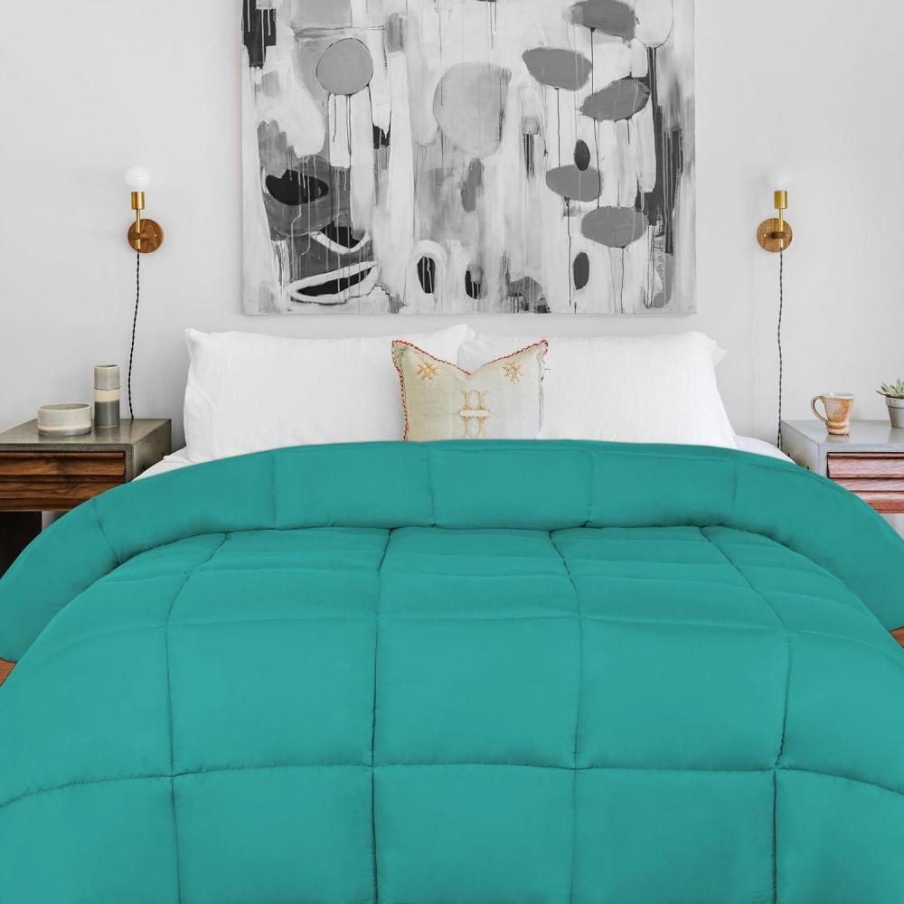 imageSuperior Brushed Microfiber Solid Comforter Down Alternative Bedding Reversible Medium Weight Fluffy Decorative Duvet Insert Oversized Blanket Box Quilt Design King Winter BlueTurquoise