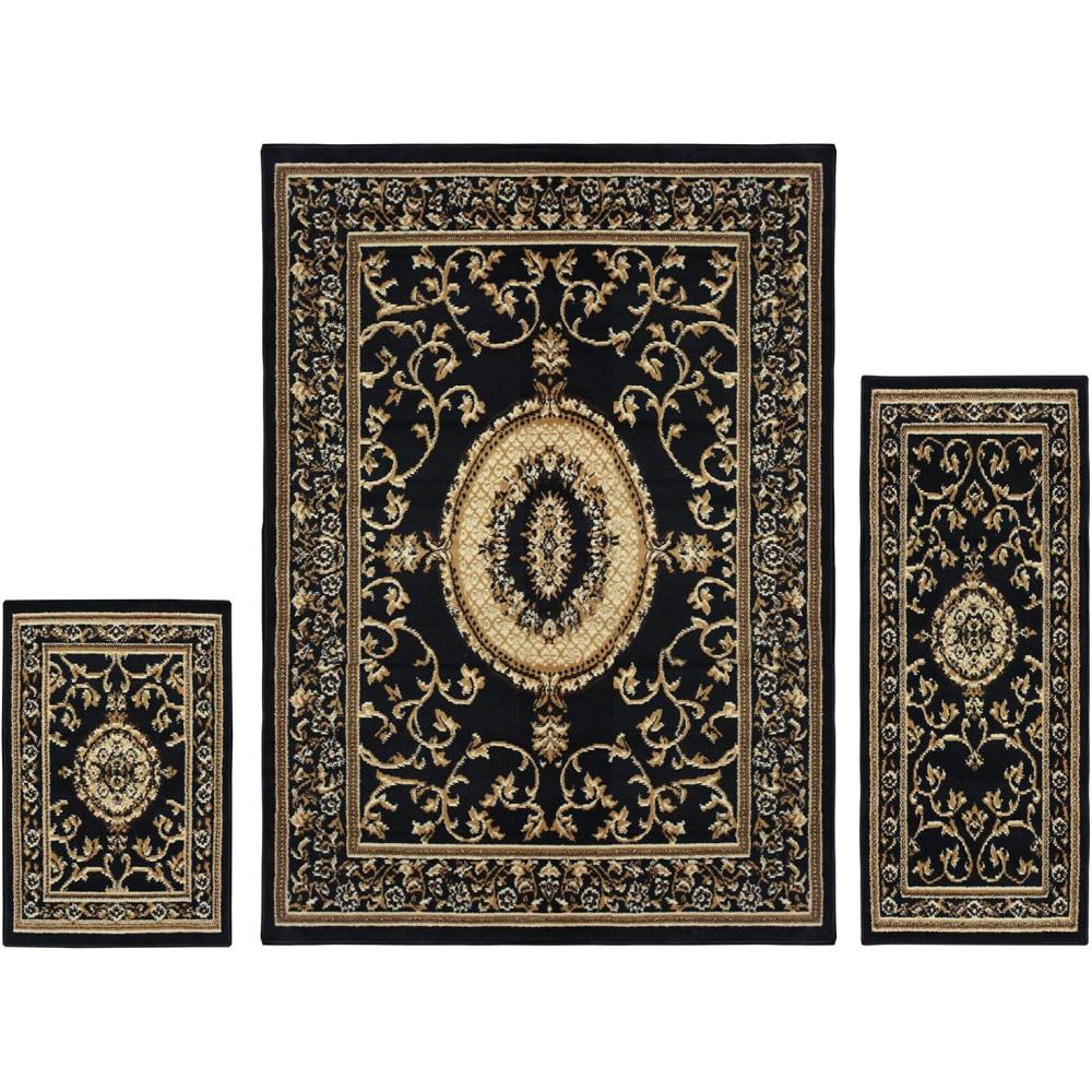 imageSuperior Clementina Collection 3Piece Rug Set Attractive Rugs with Jute Backing Durable and Beautiful Woven Structure Elegant Medallion Area Rug Set  2 x 3 2 x 5 and 5 x 7 Rugs BlackBlack