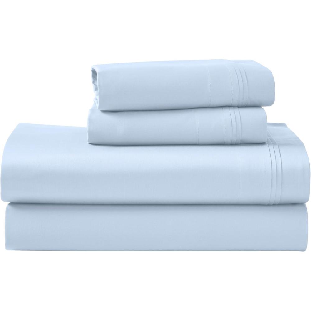 imageSuperior Egyptian Cotton 4 Piece Sheet Set Luxury 1000 Thread Count Modern Design Sustainable Sheets Soft Basics Solid Deep Pocket Fitted Sheet Flat Sheet Pillowcases Olympic Queen WhiteLight Blue