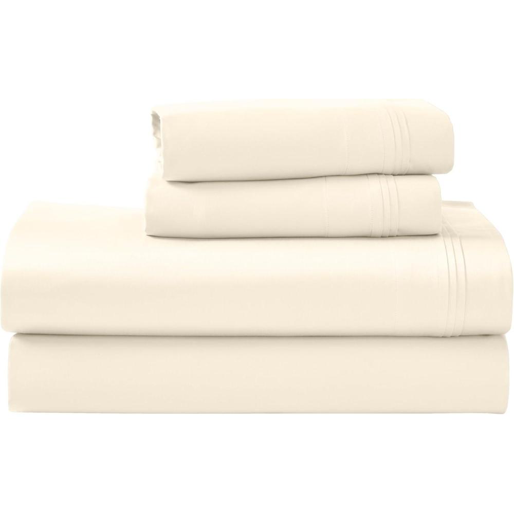 imageSuperior Egyptian Cotton 4 Piece Sheet Set Luxury 1000 Thread Count Modern Design Sustainable Sheets Soft Basics Solid Deep Pocket Fitted Sheet Flat Sheet Pillowcases Olympic Queen WhiteIvory