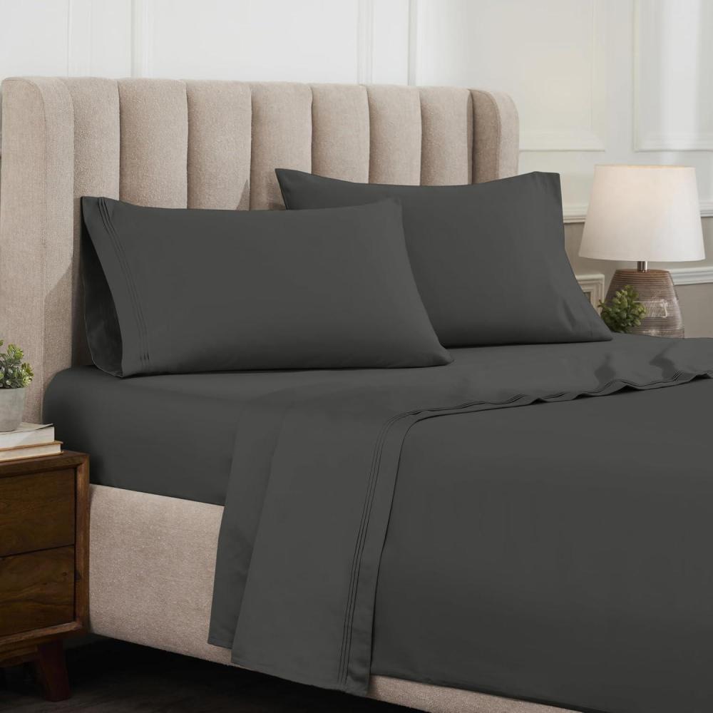 imageSuperior Egyptian Cotton 4 Piece Sheet Set Luxury 1000 Thread Count Modern Design Sustainable Sheets Soft Basics Solid Deep Pocket Fitted Sheet Flat Sheet Pillowcases Olympic Queen WhiteGrey  Z