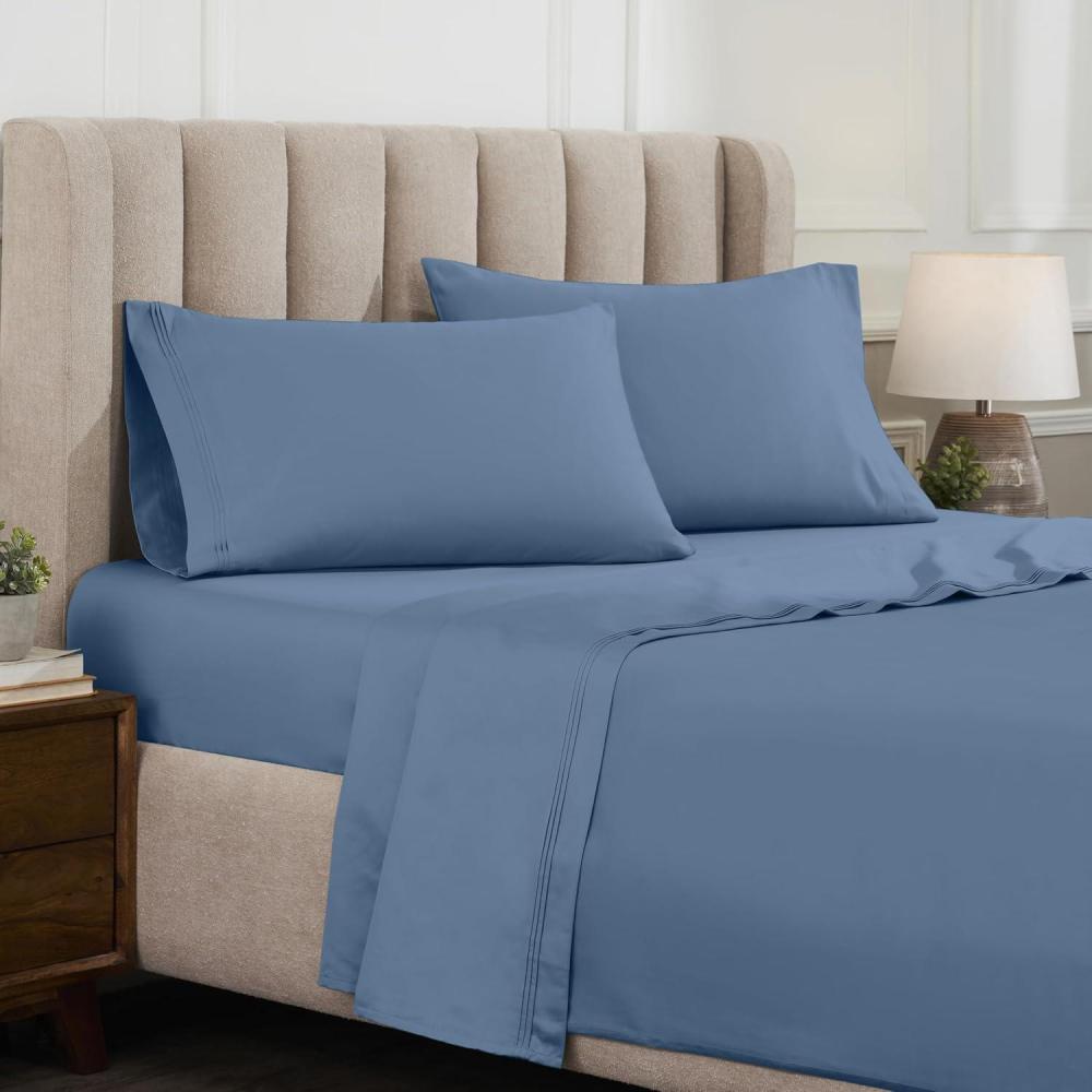imageSuperior Egyptian Cotton 4 Piece Sheet Set Luxury 1000 Thread Count Modern Design Sustainable Sheets Soft Basics Solid Deep Pocket Fitted Sheet Flat Sheet Pillowcases Olympic Queen WhiteMedium Blue  Z