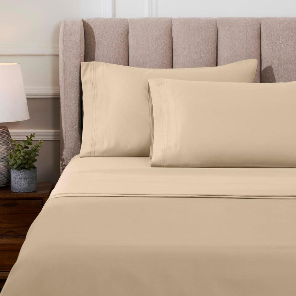 imageSuperior Egyptian Cotton 4 Piece Sheet Set Luxury 1000 Thread Count Modern Design Sustainable Sheets Soft Basics Solid Deep Pocket Fitted Sheet Flat Sheet Pillowcases Olympic Queen WhiteTan