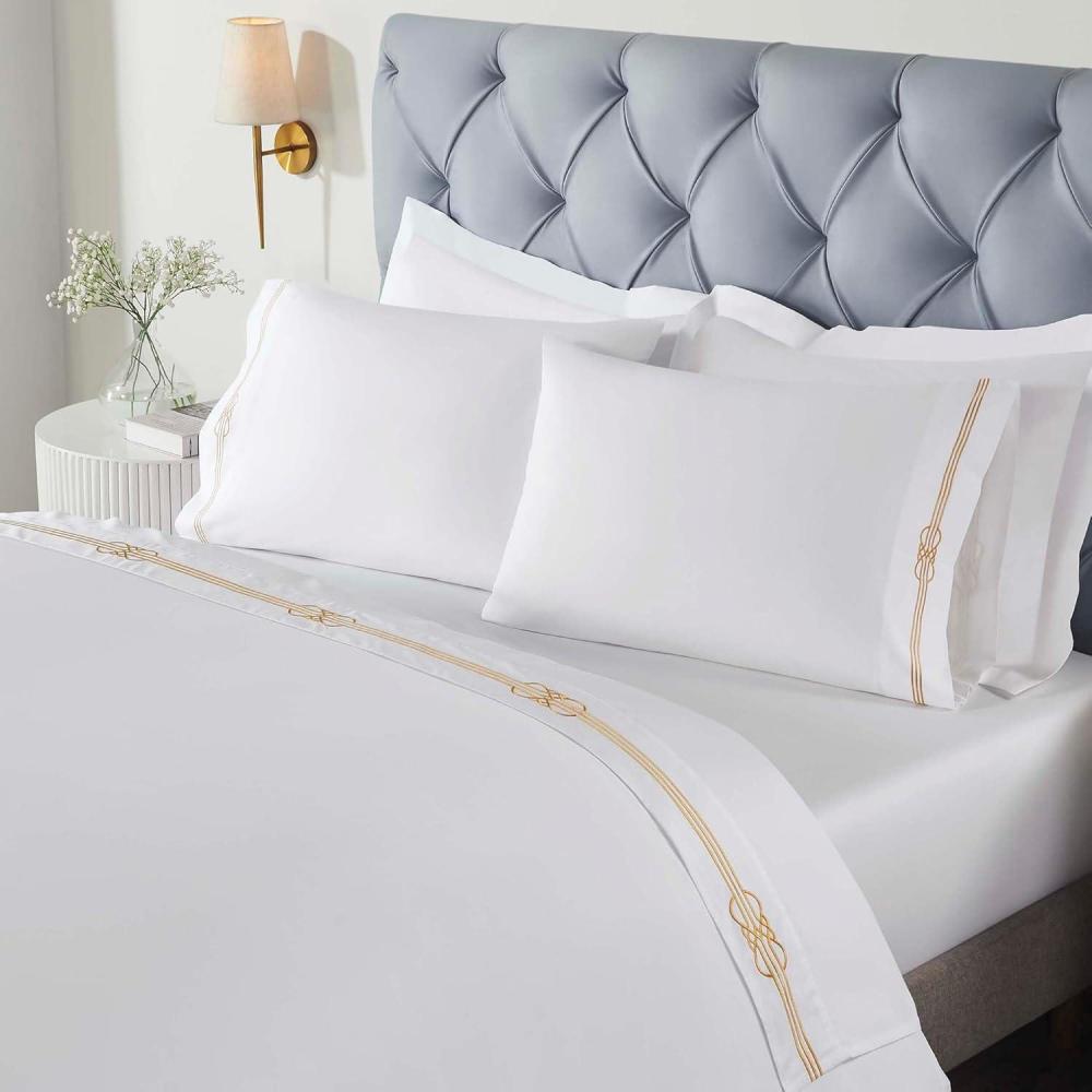 imageSuperior Embroidered Cotton Bed Sheet Set 1 Elastic Deep Pocket Fitted Sheet 1 Flat Sheet 2 Pillowcases Daily Soft Sheets Luxury Elegant Design Moonlawn Collection Queen WhiteGoldWhite  Gold Ml