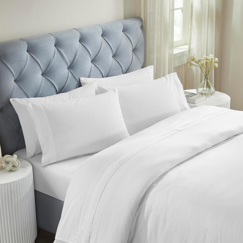 imageSuperior Embroidered Cotton Bed Sheet Set 1 Elastic Deep Pocket Fitted Sheet 1 Flat Sheet 2 Pillowcases Daily Soft Sheets Luxury Elegant Design Moonlawn Collection Queen WhiteGoldWhitewhite