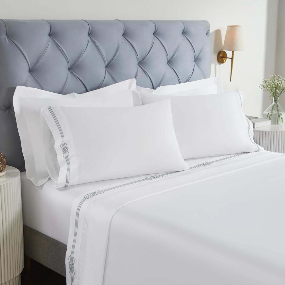 imageSuperior Embroidered Cotton Bed Sheet Set 1 Elastic Deep Pocket Fitted Sheet 1 Flat Sheet 2 Pillowcases Daily Soft Sheets Luxury Elegant Design Moonlawn Collection Queen WhiteGoldWhitesilver