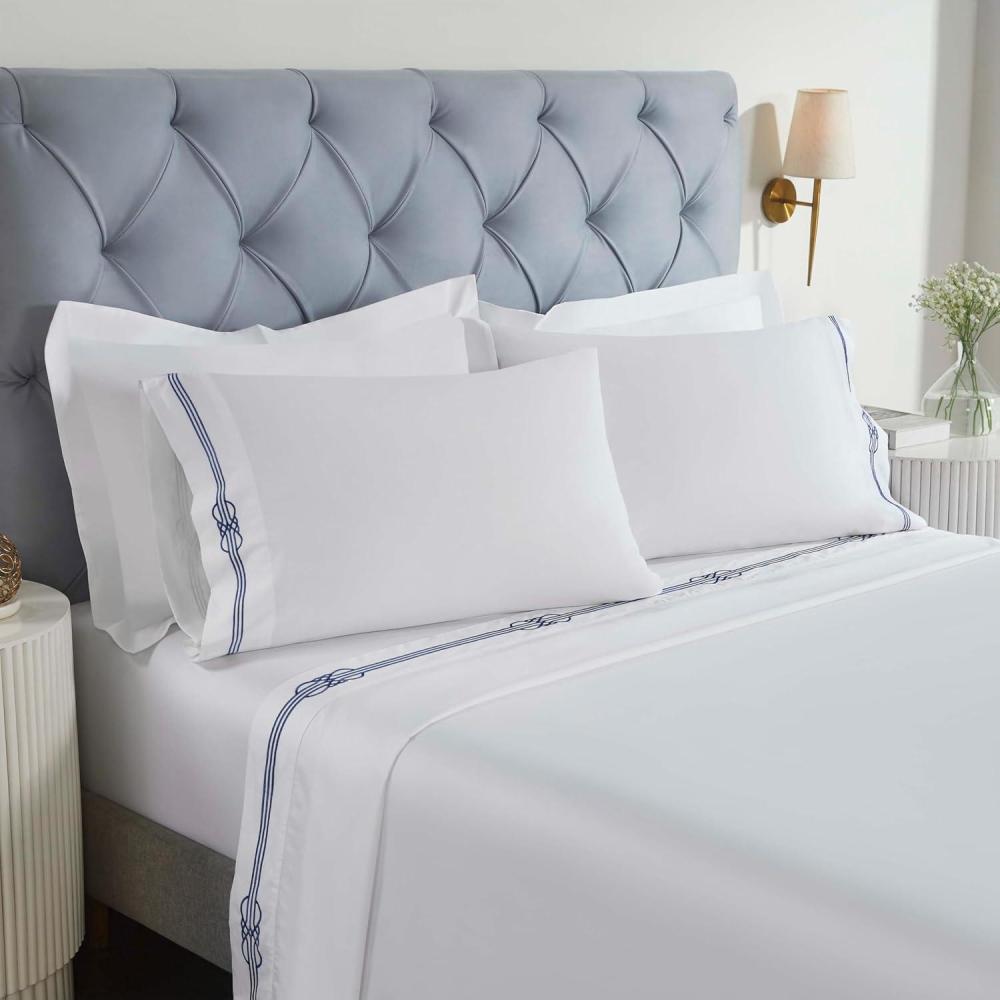 imageSuperior Embroidered Cotton Bed Sheet Set 1 Elastic Deep Pocket Fitted Sheet 1 Flat Sheet 2 Pillowcases Daily Soft Sheets Luxury Elegant Design Moonlawn Collection Queen WhiteGoldWhitenavy Blue