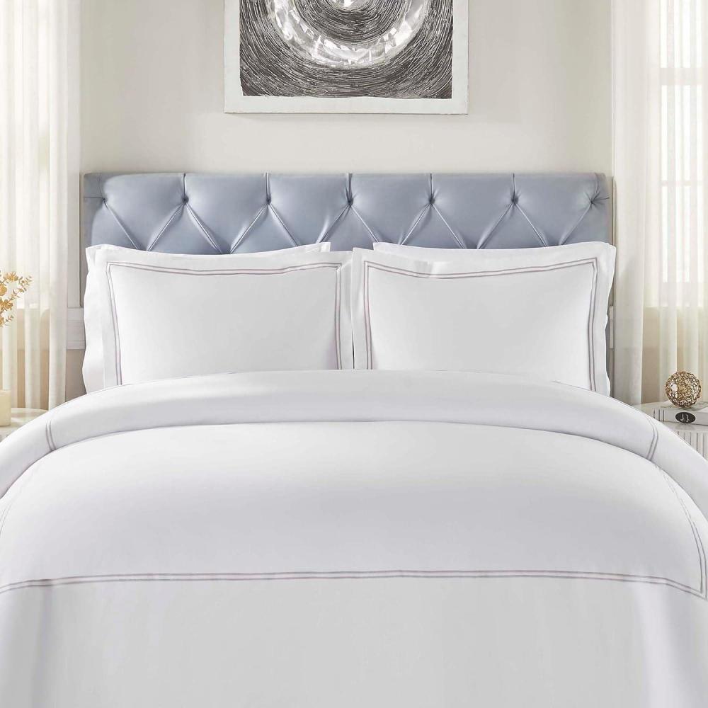 imageSuperior Embroidered Cotton Duvet Cover Set Soft Bedding Covers 1 Duvet Cover with Button Closure 2 Pillow Shams Cotton CrossStitch Design Riverton Collection FullQueen WhiteWhite Silver 03