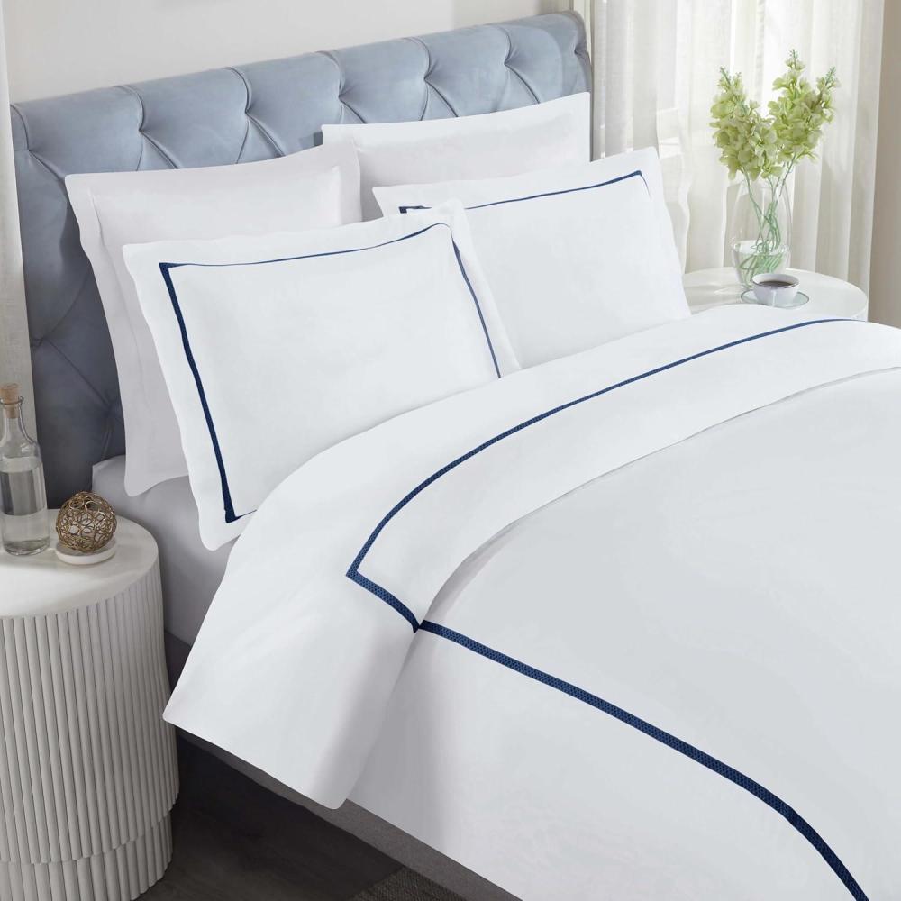 imageSuperior Embroidered Cotton Duvet Cover Set Soft Bedding Covers 1 Duvet Cover with Button Closure 2 Pillow Shams Cotton CrossStitch Design Riverton Collection FullQueen WhiteWhitenavy Blue