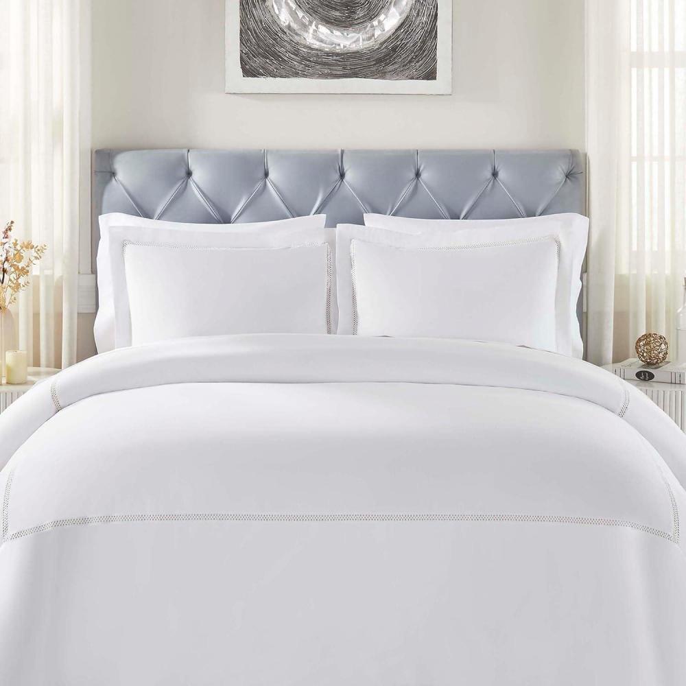 imageSuperior Embroidered Cotton Duvet Cover Set Soft Bedding Covers 1 Duvet Cover with Button Closure 2 Pillow Shams Cotton CrossStitch Design Riverton Collection FullQueen WhiteWhitewhite
