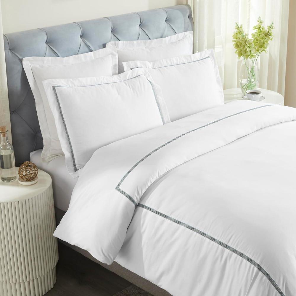 imageSuperior Embroidered Cotton Duvet Cover Set Soft Bedding Covers 1 Duvet Cover with Button Closure 2 Pillow Shams Cotton CrossStitch Design Riverton Collection FullQueen WhiteWhitelight Teal