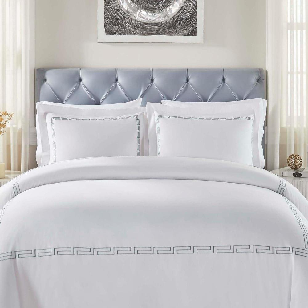 imageSuperior Embroidered Cotton Duvet Cover Set Soft Bedding Covers 1 Duvet Cover with Button Closure 2 Pillow Shams Cotton CrossStitch Design Riverton Collection FullQueen WhiteWhite Silver 04