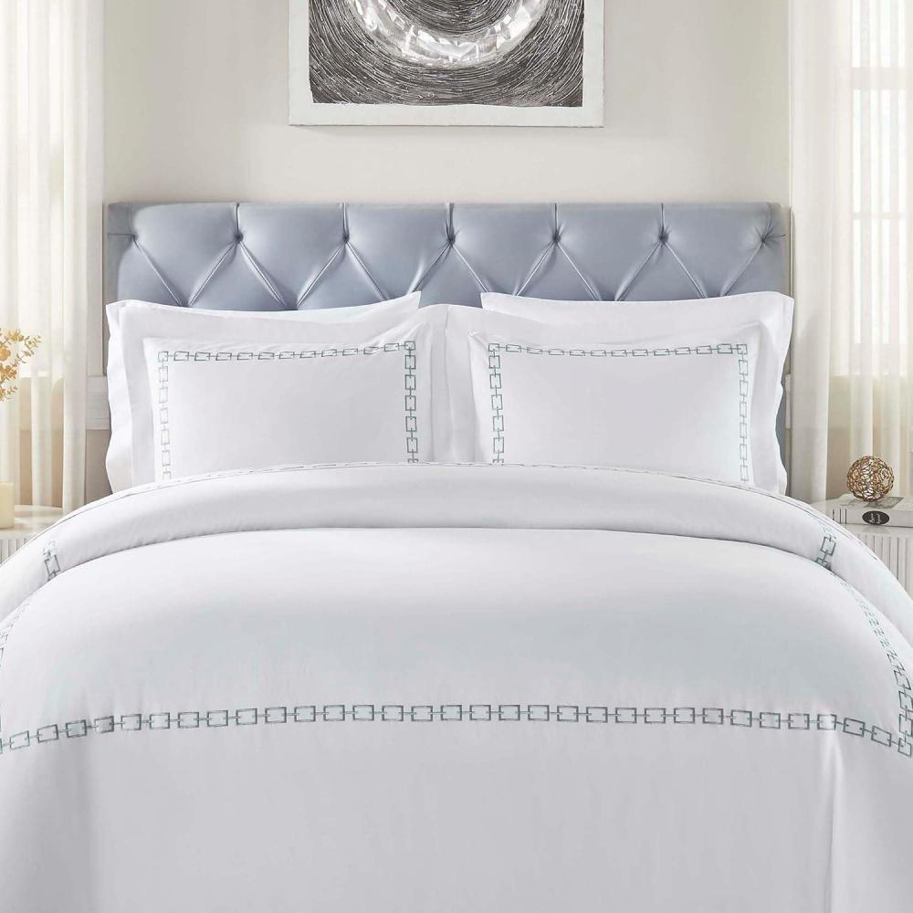 imageSuperior Embroidered Cotton Duvet Cover Set Soft Bedding Covers 1 Duvet Cover with Button Closure 2 Pillow Shams Cotton CrossStitch Design Riverton Collection FullQueen WhiteWhite Silver 02