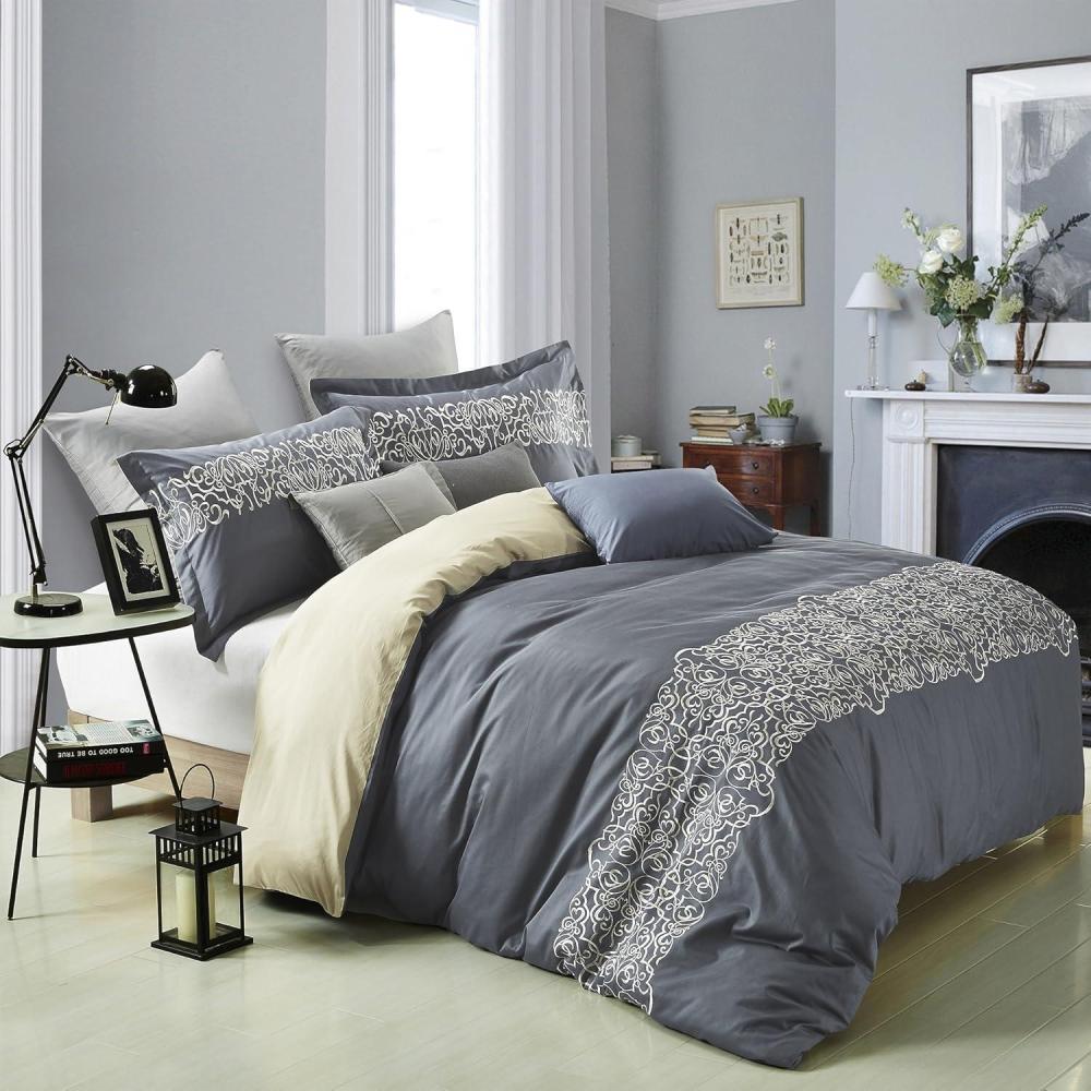 imageSuperior Embroidered Cotton Duvet Cover Set Soft Bedding Covers 1 Duvet Cover with Button Closure 2 Pillow Shams Greek Key Design Harrison Collection KingCalifornia King WhiteWhite