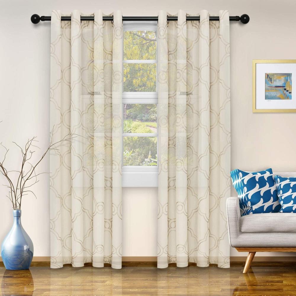 imageSuperior Embroidered Moroccan SemiSheer Curtains Window Accents Modern Transitional Bohemian Eclectic Style Geometric Trellis with Grommets Curtain Set of 2 Panels 52quot X 63quot AquariusIvory
