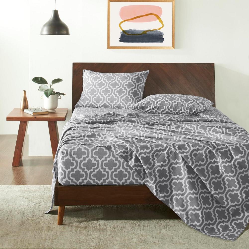 imageSuperior Extra Soft All Season 100 Brushed Cotton Flannel Solid Bedding Sheet Set with Deep Pockets Fitted Sheet  Navy Blue King SizeGrey Trellis