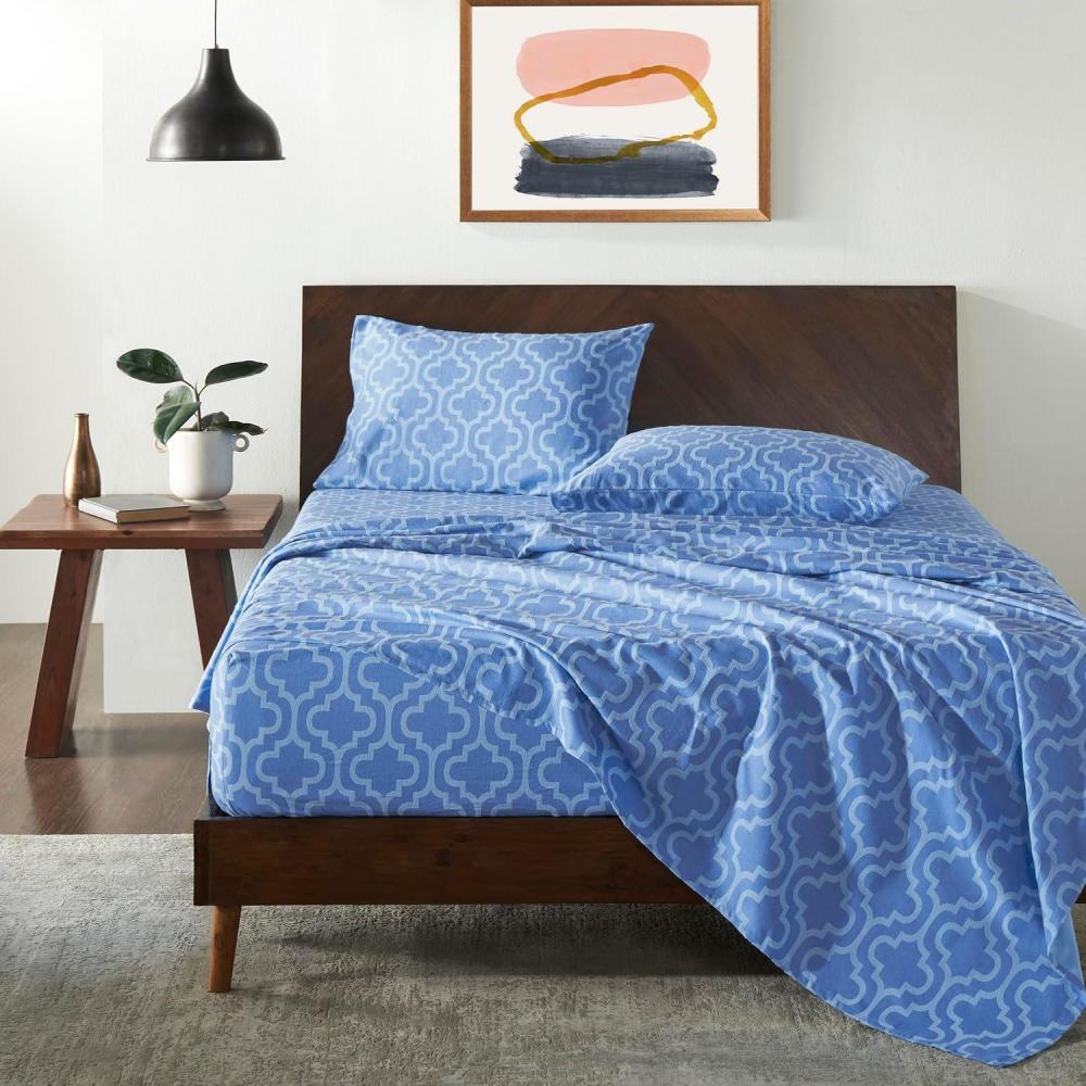 imageSuperior Extra Soft All Season 100 Brushed Cotton Flannel Solid Bedding Sheet Set with Deep Pockets Fitted Sheet  Navy Blue King SizeLight Blue Trellis