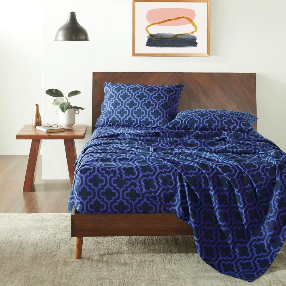 imageSuperior Extra Soft All Season 100 Brushed Cotton Flannel Solid Bedding Sheet Set with Deep Pockets Fitted Sheet  Navy Blue King SizeNavy Blue Trellis