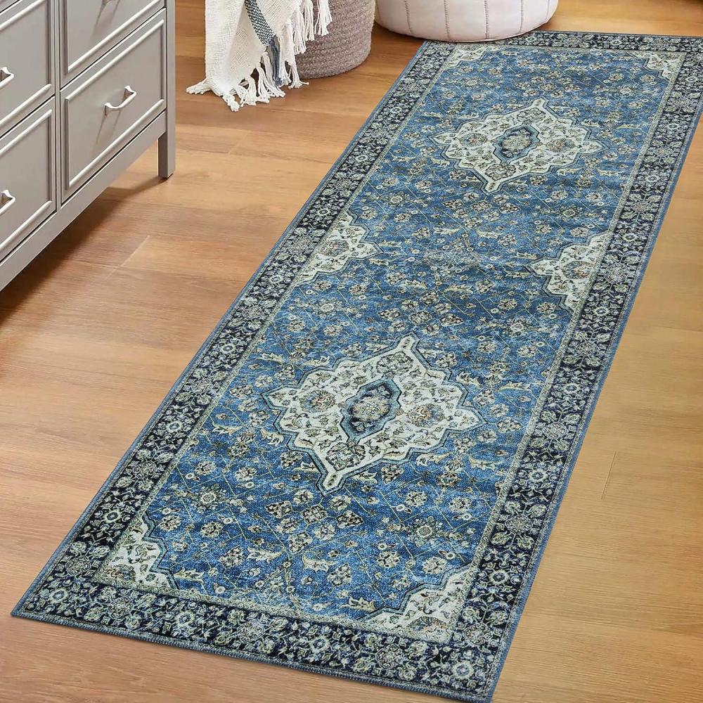 imageSuperior Floral Medallion Washable Rug Cotton Backing Pet ampamp Kid Friendly Easy Care Modern Rugs for Entry Living Room Kitchen Bedroom Low Pile Area Rug Cardinal Collection 3 x 5 RedJay  Blue