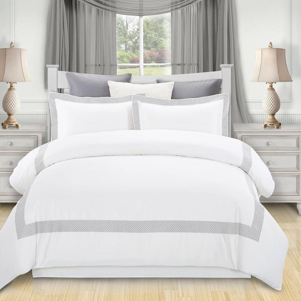 imageSuperior Glenmont Cotton 200 Thread Count Duvet Cover Set Soft Comforter Covers Bedroom Essentials Embroidered Geometric Border Includes 1 Duvet Cover Button Closure 2 Pillow Shams FullQueenFullQueen