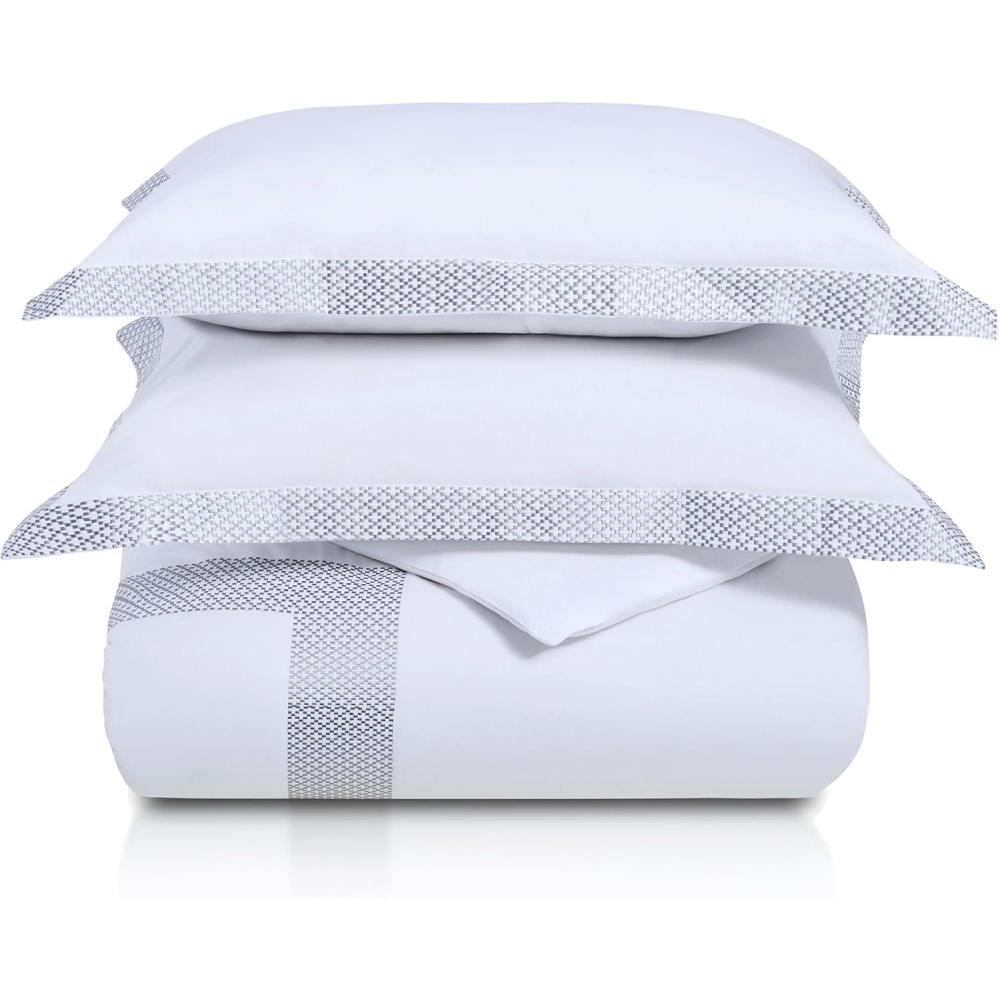 imageSuperior Glenmont Cotton 200 Thread Count Duvet Cover Set Soft Comforter Covers Bedroom Essentials Embroidered Geometric Border Includes 1 Duvet Cover Button Closure 2 Pillow Shams FullQueenKingCalifornia King