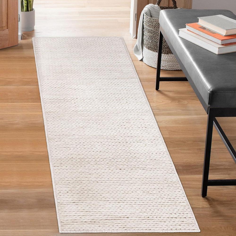 imageSuperior HandBraided Wool Indoor Large Area Rug Rustic Style Home Floor Decor for Living Room Kitchen Dining Bedroom Dorm Office Nursery Cotton Backing Aero Collection Light Blue 8 x 10Off White
