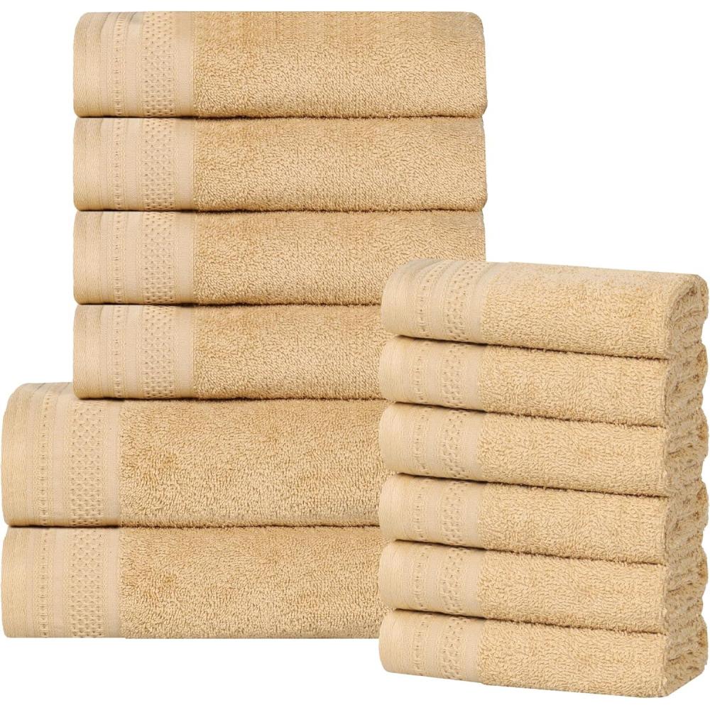 imageSuperior Honeycomb 100 Cotton 500 GSM 12 Piece Bath Towel Set 6 Washcloths 4 Hand 2 Bath Towels Ideal for Bathroom Kitchen or Beach Quick Dry Jacquard and Solid MidWeight Navy PeonyGold
