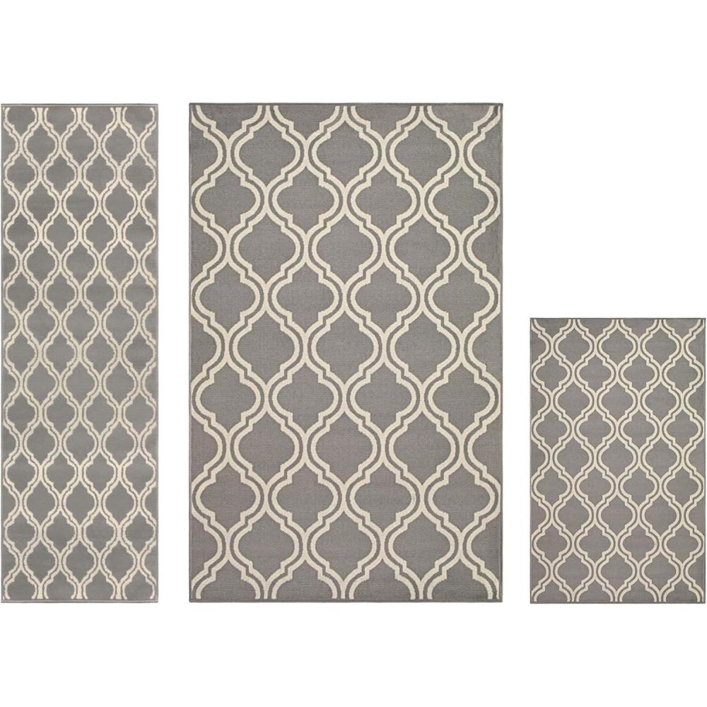 imageSuperior Indoor Area Jute Backing Rugs Modern Floor Decor for Entryway Hallway Kitchen Office Bedroom Living Dining Room Nursery Elegant Double Trellis 5ft Grey3 PCs Set D