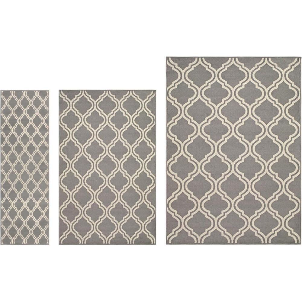 imageSuperior Indoor Area Jute Backing Rugs Modern Floor Decor for Entryway Hallway Kitchen Office Bedroom Living Dining Room Nursery Elegant Double Trellis 5ft Grey3 PCs Set A