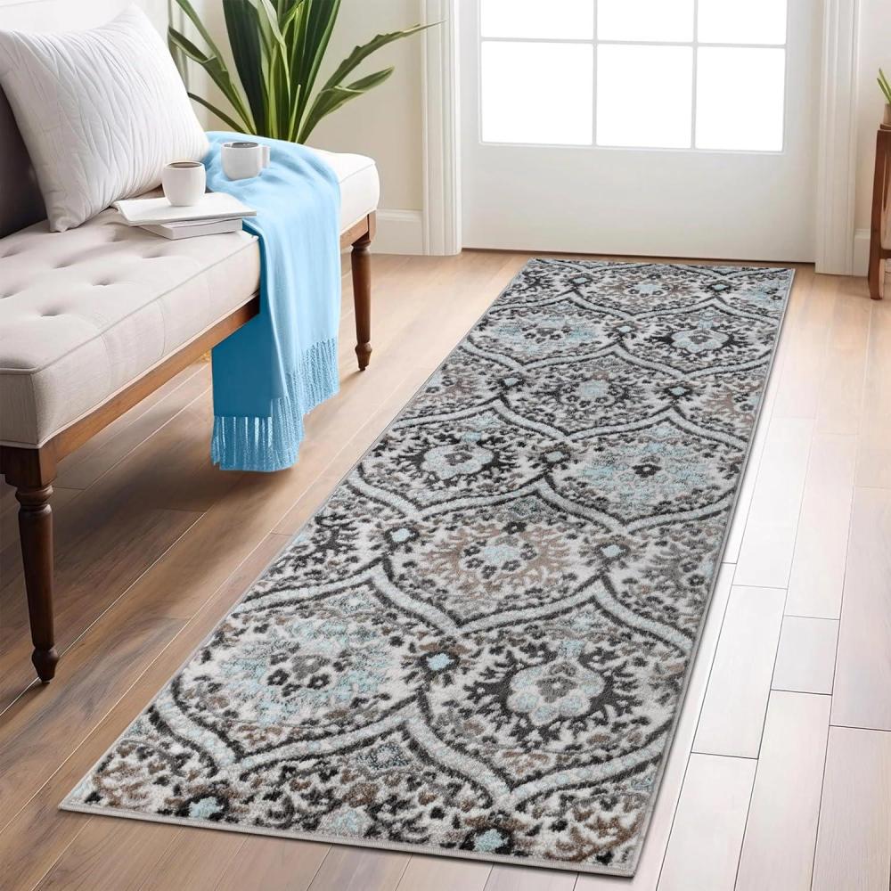 imageSuperior Indoor Area Rug Jute Backed Modern Oriental Floral Damask Floor Decor for Office Living Room Bedroom Entryway DiningKitchen Hardwood Tile Augusta Collection 8 x 10 Blue BeigeTurquoise