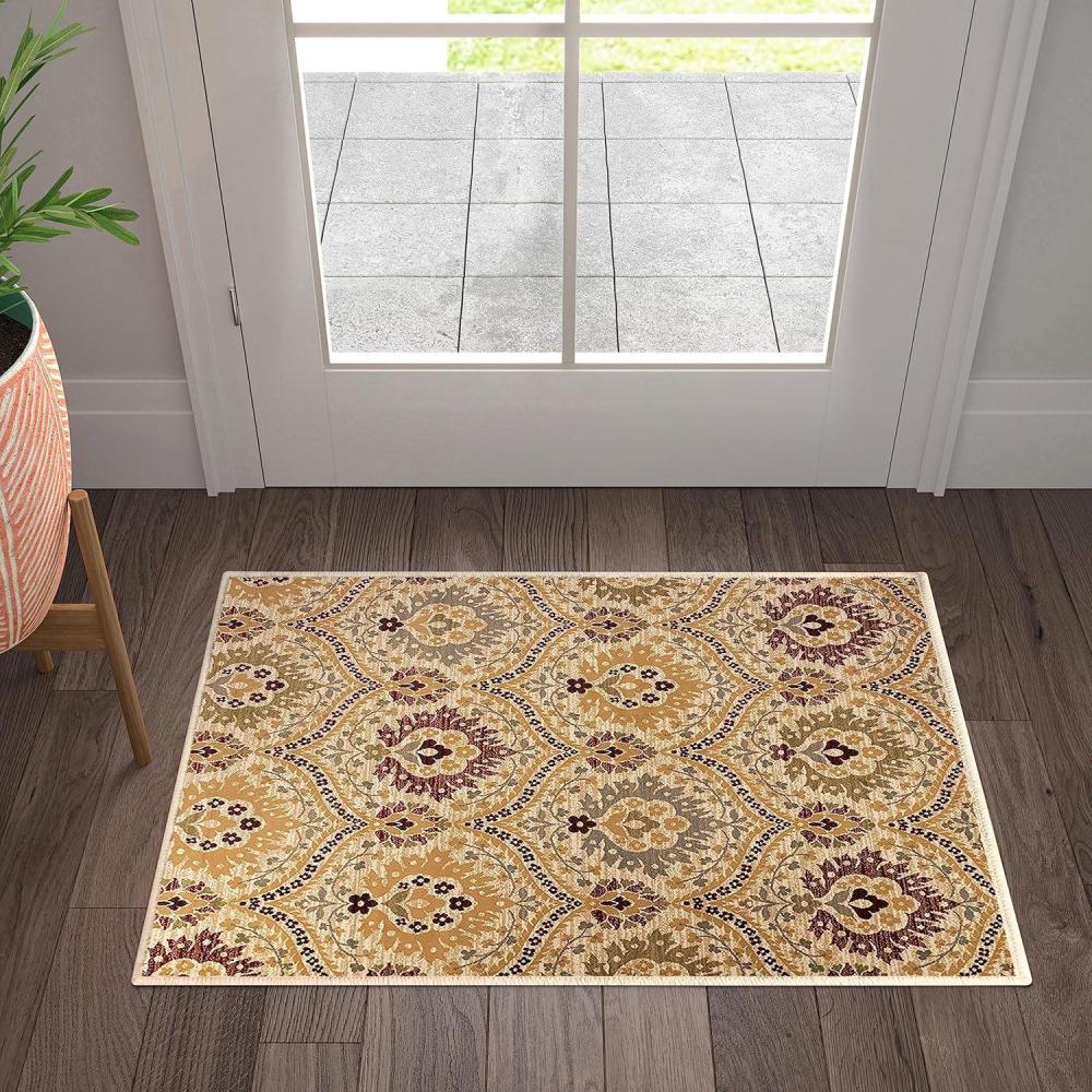 imageSuperior Indoor Area Rug Jute Backed Modern Oriental Floral Damask Floor Decor for Office Living Room Bedroom Entryway DiningKitchen Hardwood Tile Augusta Collection 8 x 10 Blue BeigeCamel
