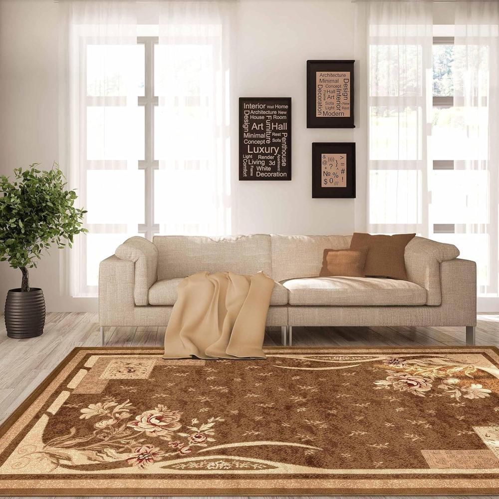 imageSuperior Indoor Area Rug Jute Backing Modern Bohemian Oversized Floral Scroll Ideal for Entryway Living Room Kitchen Bedroom Hallway Floor Cover Rosette Collection 5 x 8 TaupeBeige Brown