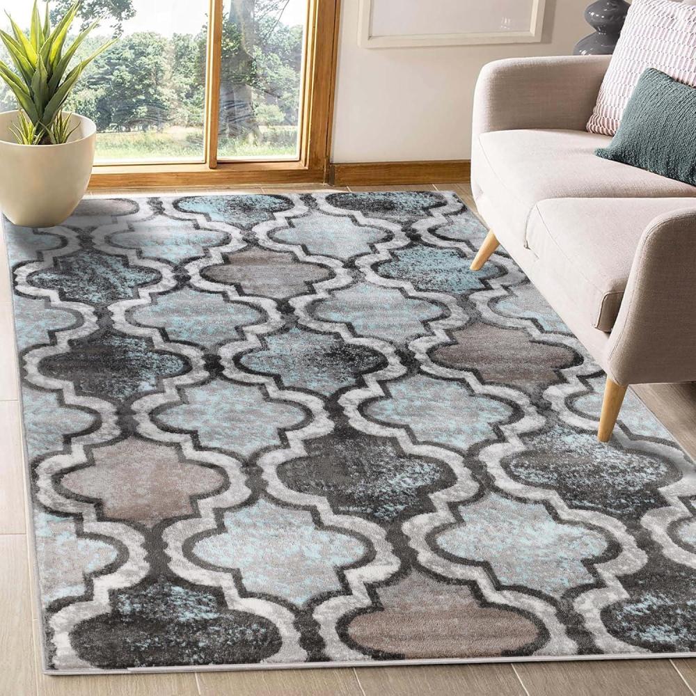 imageSuperior Indoor Area Rug Jute Backing Modern Plush Rugs for Hallway Living Dining Room Office Kitchen Geometric Trellis Floor Decor Viking Collection 8 x 8 IvoryTurquoise  Z