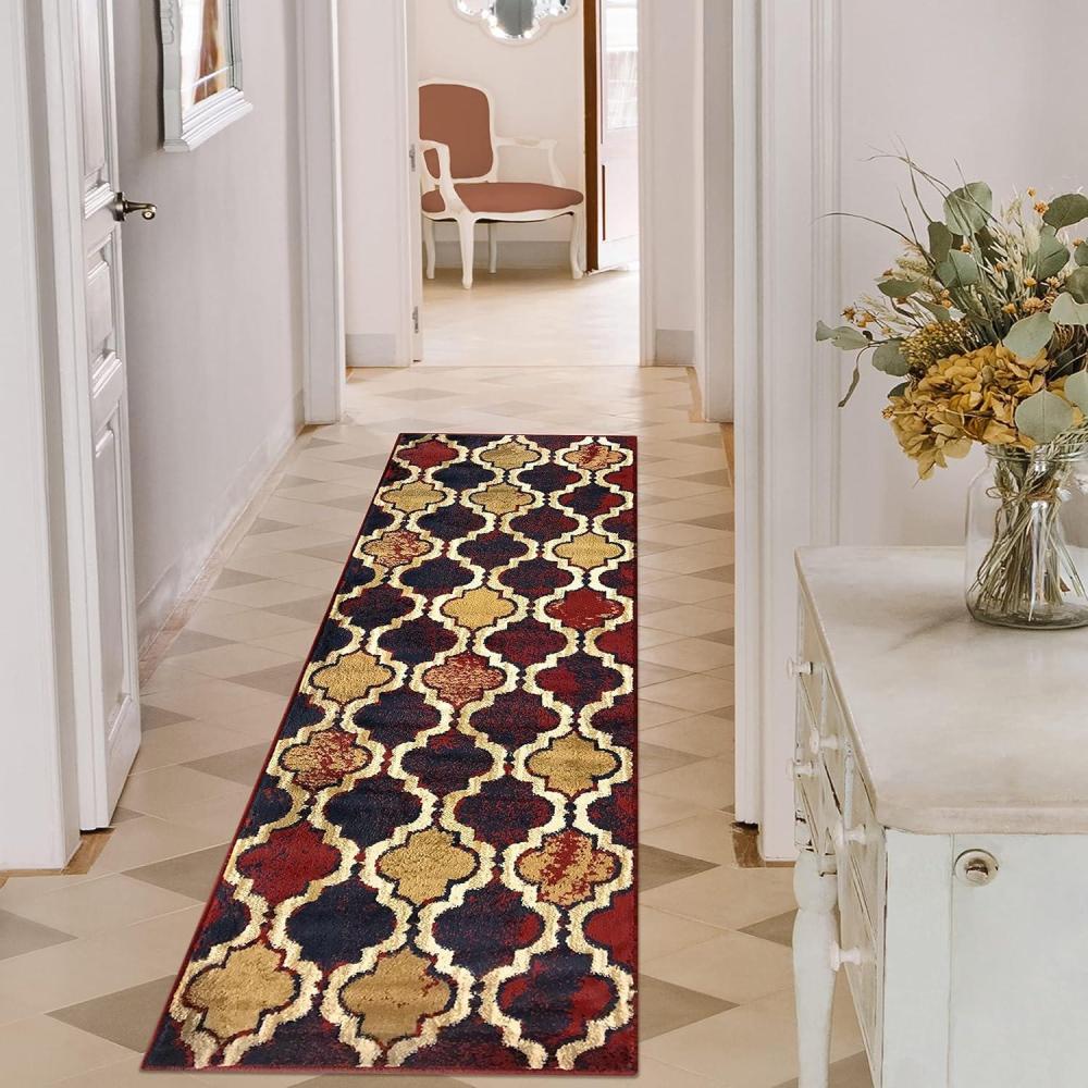 imageSuperior Indoor Area Rug Jute Backing Modern Plush Rugs for Hallway Living Dining Room Office Kitchen Geometric Trellis Floor Decor Viking Collection 8 x 8 IvoryRed Blue  Z