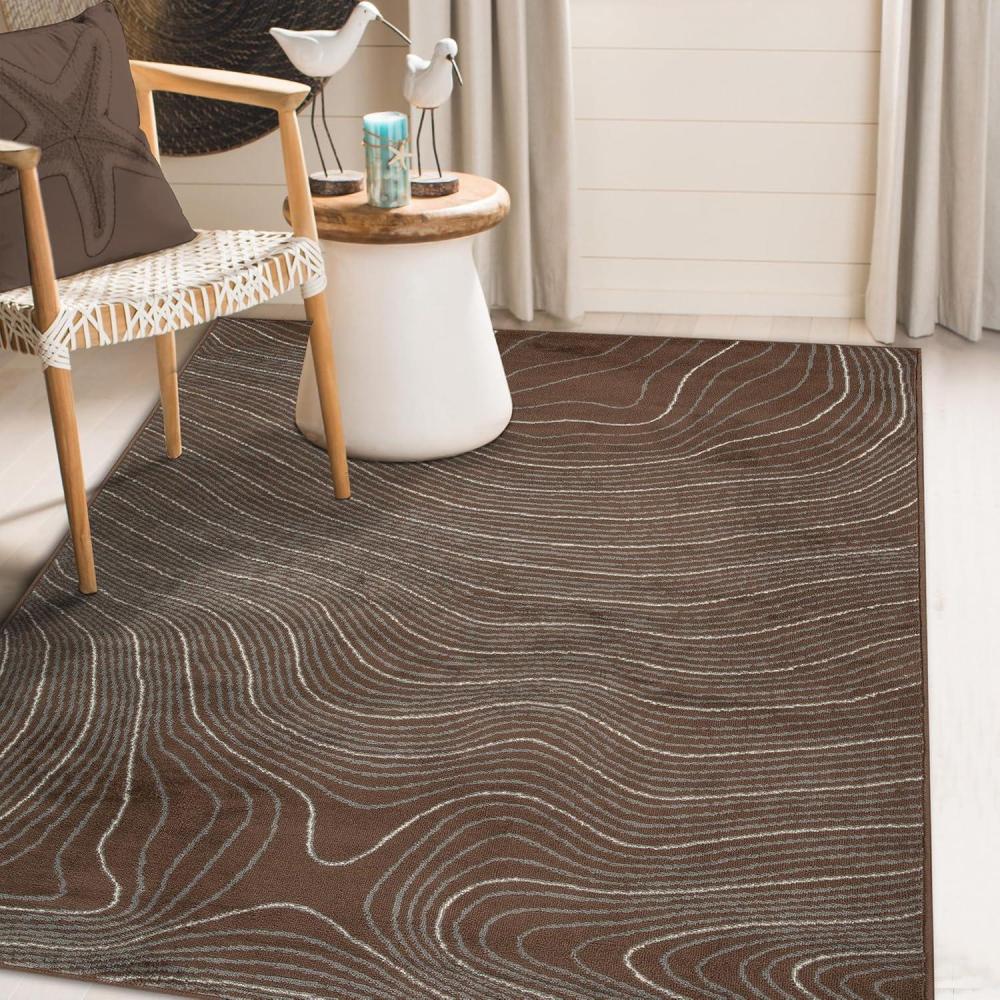 imageSuperior Indoor Area Rug Jute Backing Plush Carpet Cover for Hallways Entry Office Plush Floor Cover Modern Wood Grain Abstract Lines Veer Collection 8 x 10 BlackChocolate
