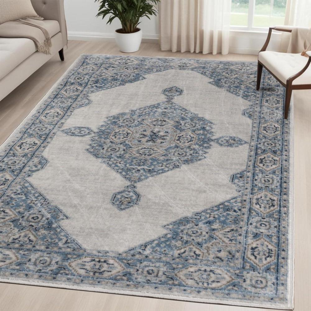 imageSuperior Indoor Area Rug Jute Backing Traditional Medallion Rugs for Entry Kitchen Floors Plush Floor Cover Floral Scroll Border Rug Kensington Collection 3 x 5 BrownBlue Ivory  Z