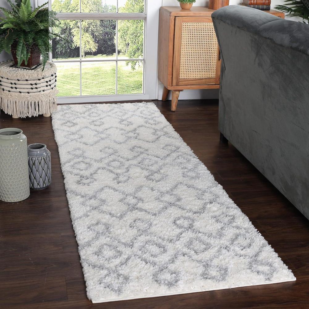 imageSuperior Indoor Area Rug Perfect for Bedroom Laundry Room Entryway Office Playroom Nursery Fluffy Carpet Cover Modern Geometric Diamond Lattice Shag Flor Collection 2 7quot x 8 Ivory BlackAlia Ivory Grey