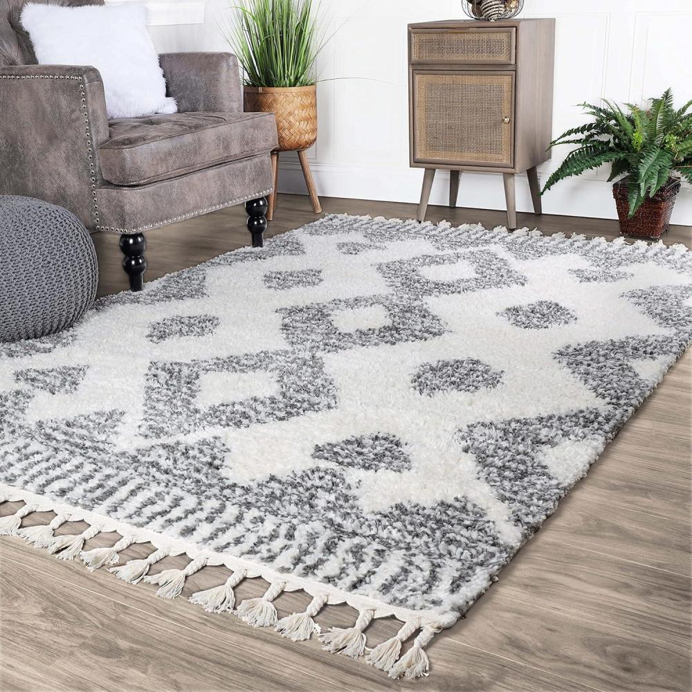 imageSuperior Indoor Area Rug Perfect for Bedroom Laundry Room Entryway Office Playroom Nursery Fluffy Carpet Cover Modern Geometric Diamond Lattice Shag LORE Collection 5 x 7 Grey IvoryLore Ivory Black