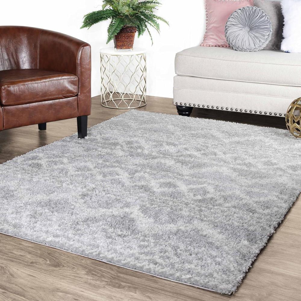 imageSuperior Indoor Area Rug Perfect for Bedroom Laundry Room Office Playroom Nursery Fluffy Carpet Cover Modern Geometric Diamond Lattice Shag Rhea Collection 2 7quot x 8 Light Grey ampamp IvoryRhea Light Grey  Ivory