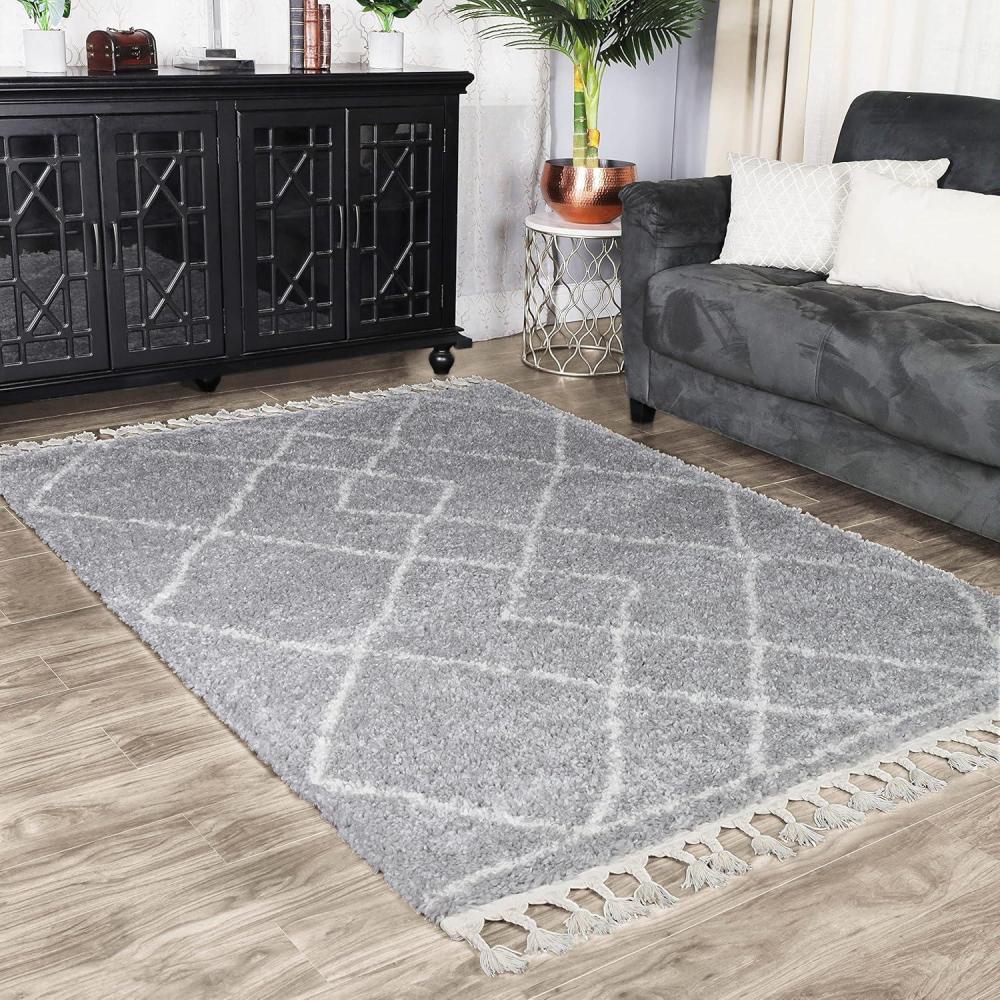imageSuperior Indoor Area Rug Perfect for Bedroom Laundry Room Office Playroom Nursery Fluffy Carpet Cover Modern Geometric Diamond Lattice Shag Rhea Collection 2 7quot x 8 Light Grey ampamp IvoryThei Light Grey  Ivory