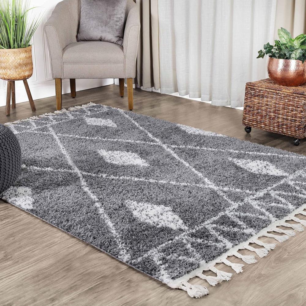 imageSuperior Indoor Area Rug Perfect for Bedroom Laundry Room Office Playroom Nursery Fluffy Carpet Cover Modern Geometric Diamond Lattice Shag Rhea Collection 2 7quot x 8 Light Grey ampamp IvoryGrey Ivory