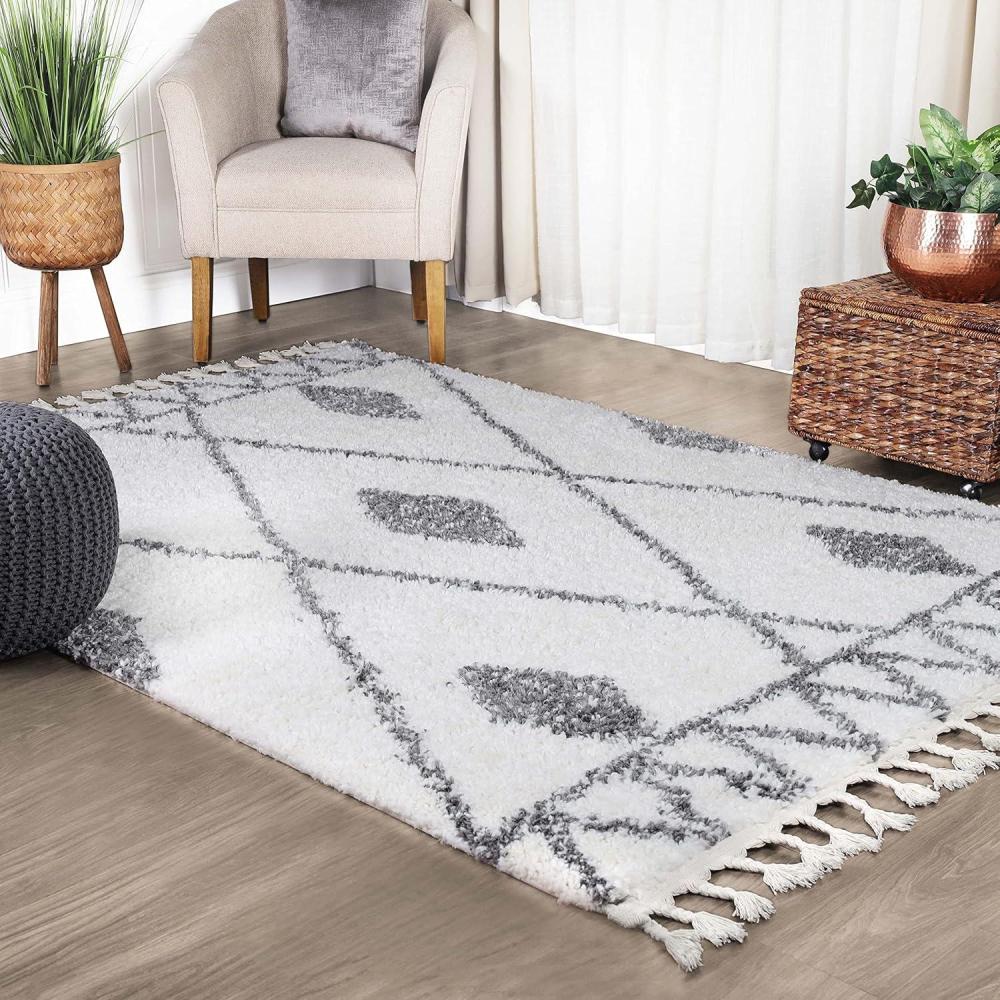 imageSuperior Indoor Area Rug Perfect for Bedroom Laundry Room Office Playroom Nursery Fluffy Carpet Cover Modern Geometric Diamond Lattice Shag Rhea Collection 2 7quot x 8 Light Grey ampamp IvoryIvory Black
