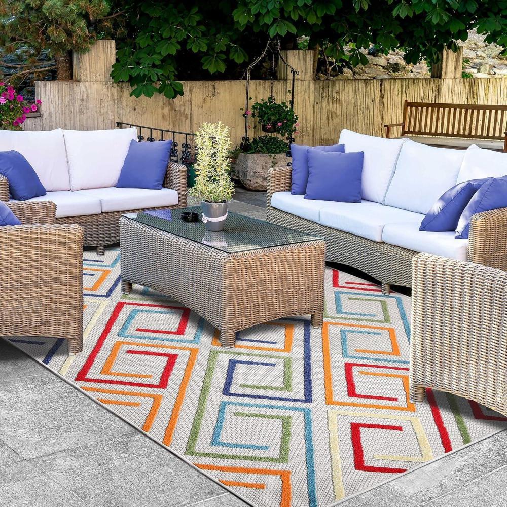 imageSuperior Indoor Outdoor Area Rug Perfect for Patio Bedroom Kitchen Laundry Room Entryway Office Playroom Carpet Cover Modern Geometric Farmhouse Ares Collection 6 x 8 10quot GreyCream  Z