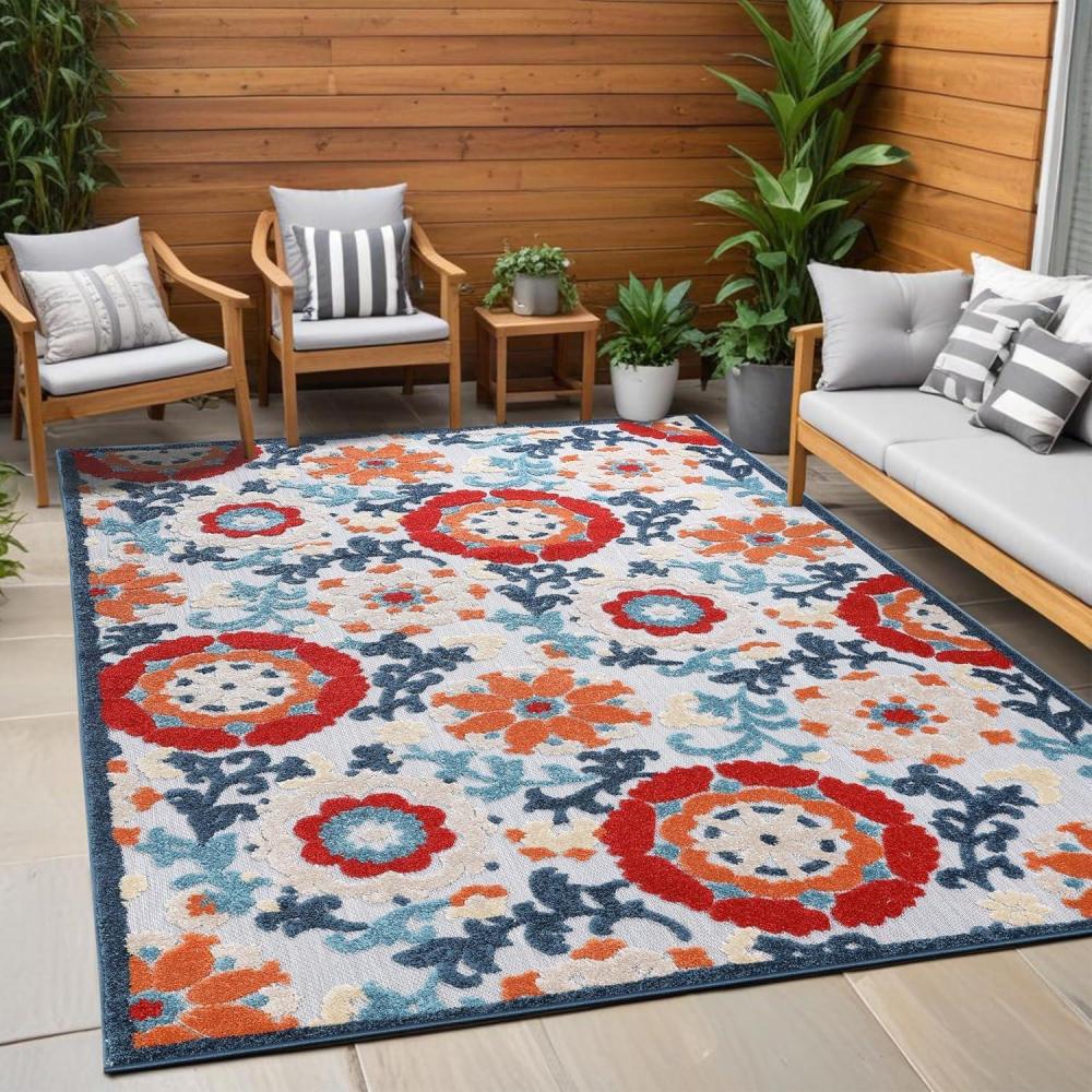 imageSuperior Indoor Outdoor Area Rug Perfect for Patio Poolside Backyard Playroom Kitchen Dining Room Entryway Mudroom Floral Scroll Floor Cover Petunia Collection 4 x 6 Multicolor