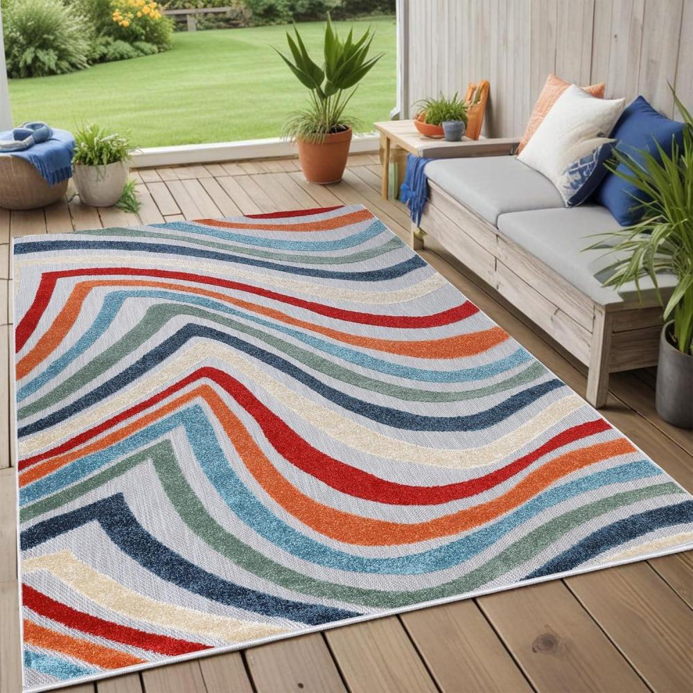 imageSuperior Indoor Outdoor Area Rug for Patio Poolside Backyard Playroom Kitchen Dining Room Entryway Mudroom Coastal Striped Floor Cover Wave Collection 5 6quot x 8 Multicolor